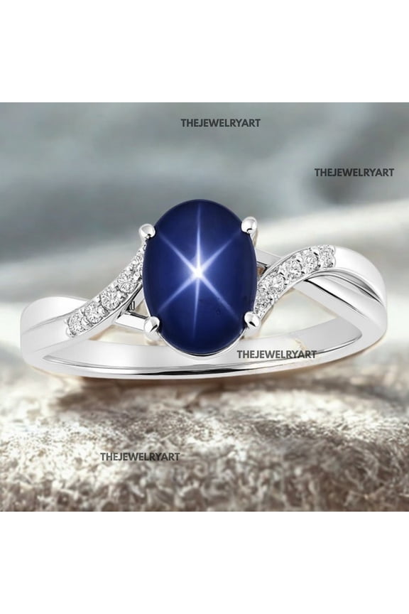 Vintage Blue Star Sapphire Ring Elegant Sterling Silver CZ Bypass Design Blue Gem Ring Statement Jewelry for Women Silver 7.5