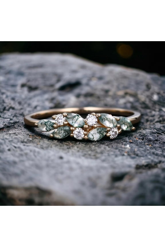 Vintage-Inspired Marquise Cut Moss Agate & Moissanite Wedding Band Handmade Ring Perfect Gift for Anniversaries Rose Gold 8.5