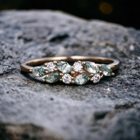 thejewelryart Vintage-Inspired Marquise Cut Moss Agate & Moissanite Wedding Band Handmade Ring Perfect Gift for Anniversaries Rose Gold 9.5