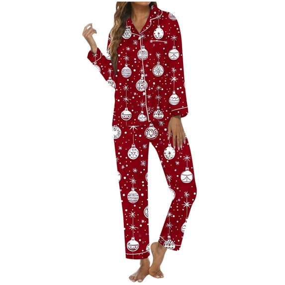 thermal pajama sets for women winter plush sleepwear with non- grips Women's Christmas Christmas Printed Button Pocket Long Sleeve Trousers Home Pajama Set