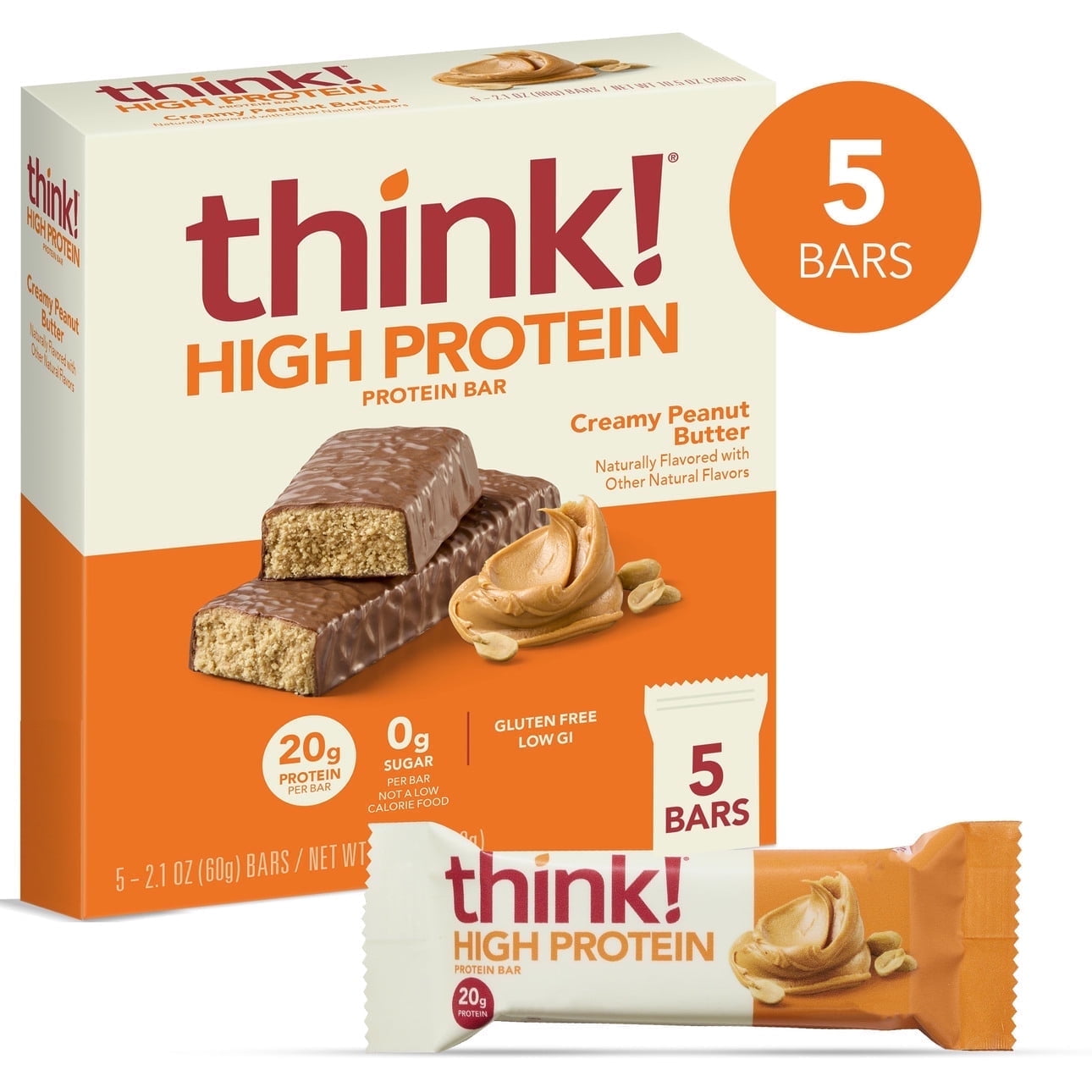 think! Creamy Peanut Butter High Protein Bars, Gluten Free, 5 count, 10.5 oz -pack of 4
