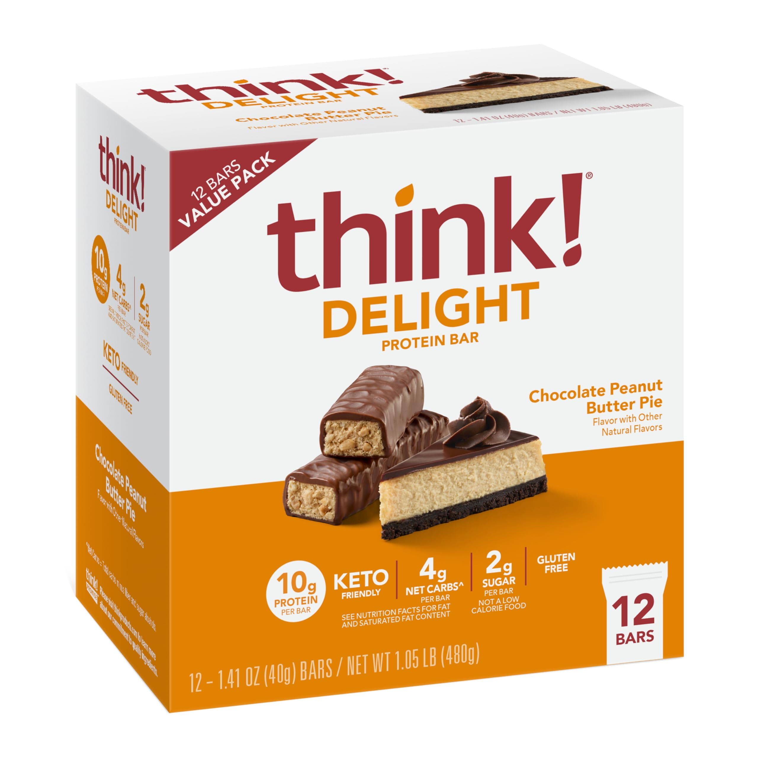 think! Delight Protein Bars, YPF5 Gluten Free Snack - Chocolate Peanut Butter Pie, 12 Count (Packaging May Vary)