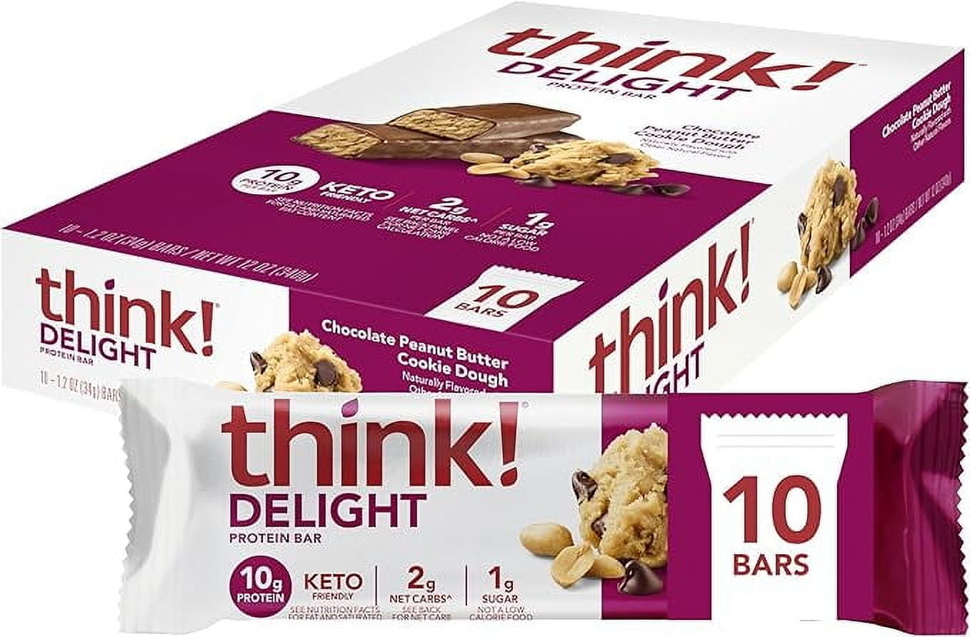 think! Delight Protein Bars, Low Carb, Gluten Free Snack - Chocolate Peanut Butter Cookie Dough, 10 Count (Packaging May Vary)