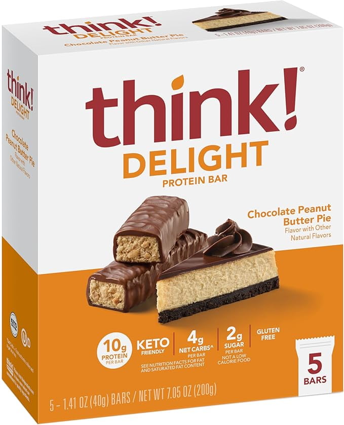 think! Delight Protein Bars, Low Sugar, Gluten Free Snack with No Artifical Sweeteners, 4G Net Carbs & 10G of Whey Protein - Chocolate Peanut Butter Pie (5 Count)