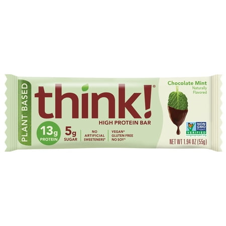 think! Plant Based High Protein Bar, Chocolate Mint, 13g Protein, Gluten Free, Vegan, 10 Count