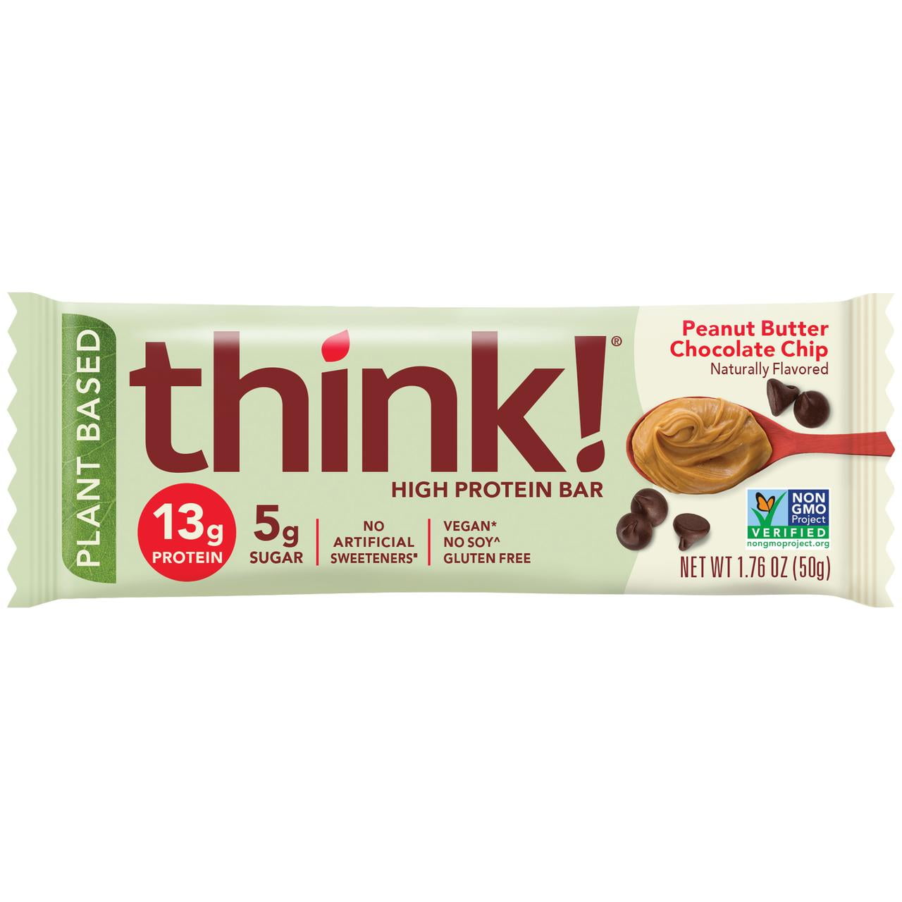 think! Plant Based High Protein Bar, Peanut Butter Chocolate Chip, 13g Protein, Gluten Free, Vegan, 10 Count