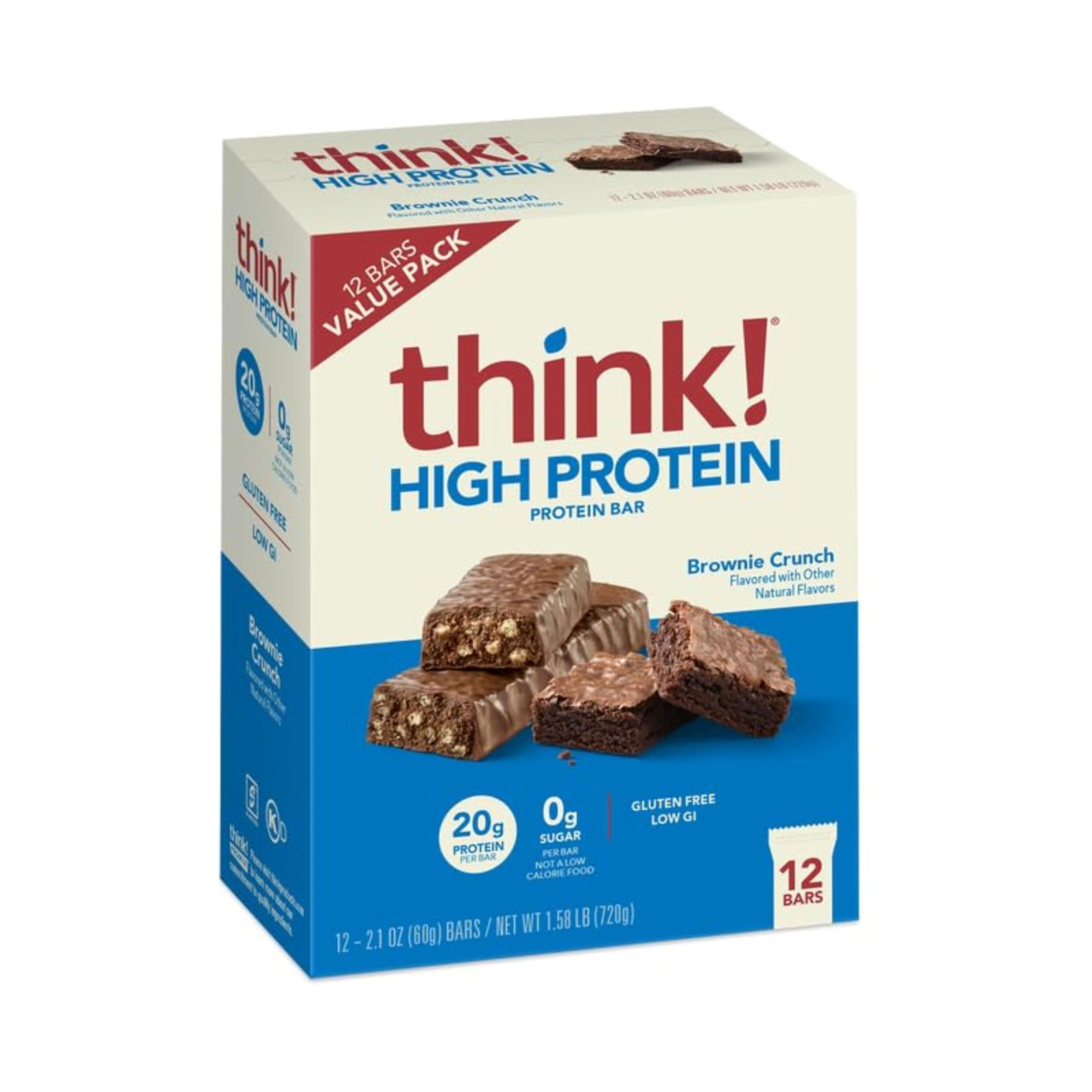 think! Protein Bars, AJH3High Protein Snacks, Gluten Free, Sugar Free Energy Bar with Whey Protein Isolate, Brownie Crunch, Nutrition Bars without Artificial Sweeteners, 2.1 Oz (12 Count)