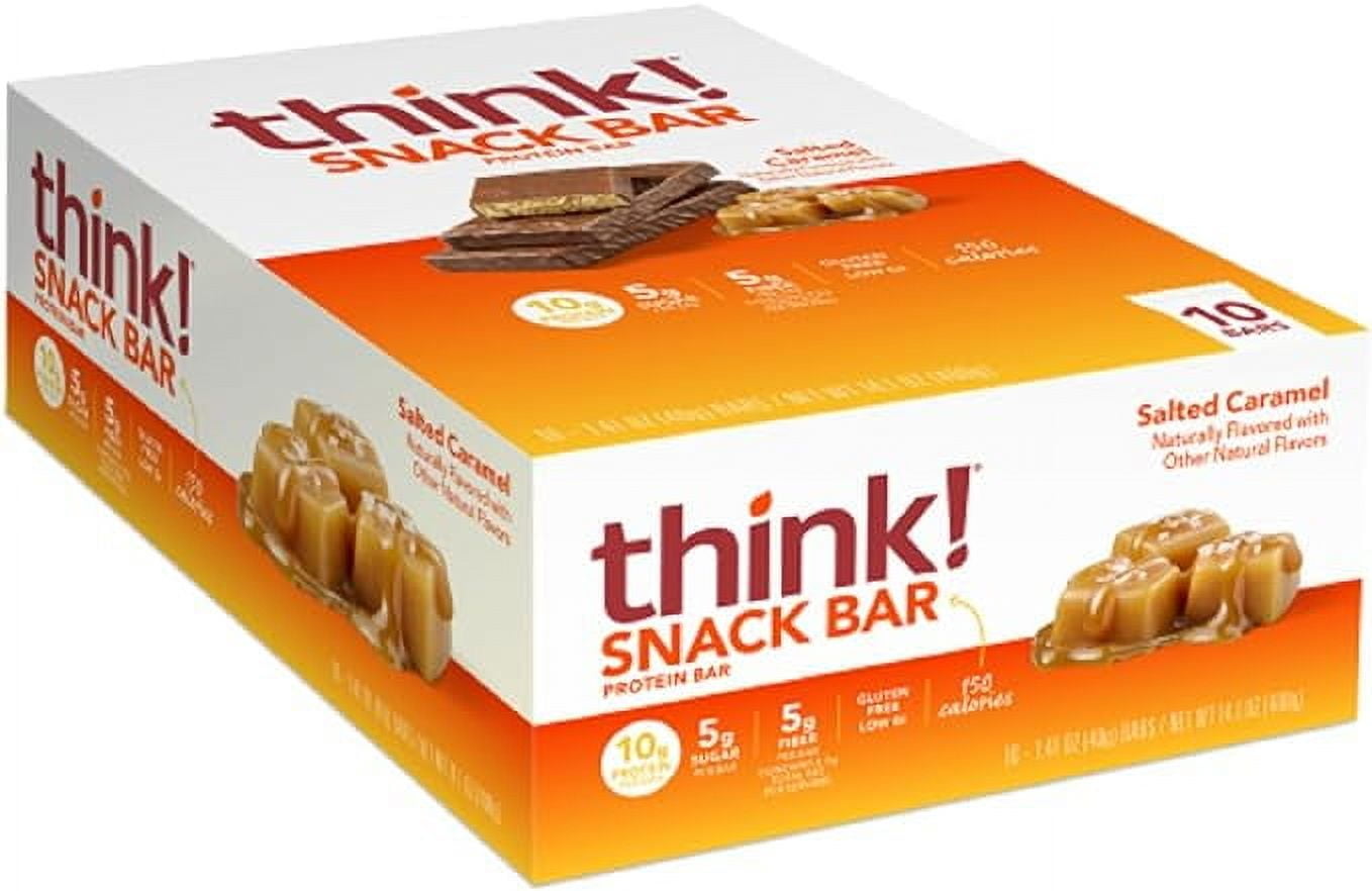 think! Protein Bars with Chicory Root for Fiber, Digestive Support, Gluten Free with Whey Protein Isolate, Salted Caramel, Snack Bars Without Artificial Sweeteners, 1.4 Oz (10 Count)
