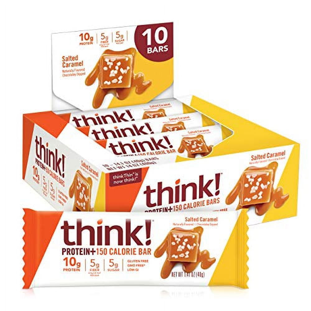 think! Protein Bars with Chicory Root for Fiber, Digestive Support, Gluten Free with Whey Protein Isolate, Salted Caramel, Snack Bars without Artificial Sweeteners, 1.4 Oz (10 Count)