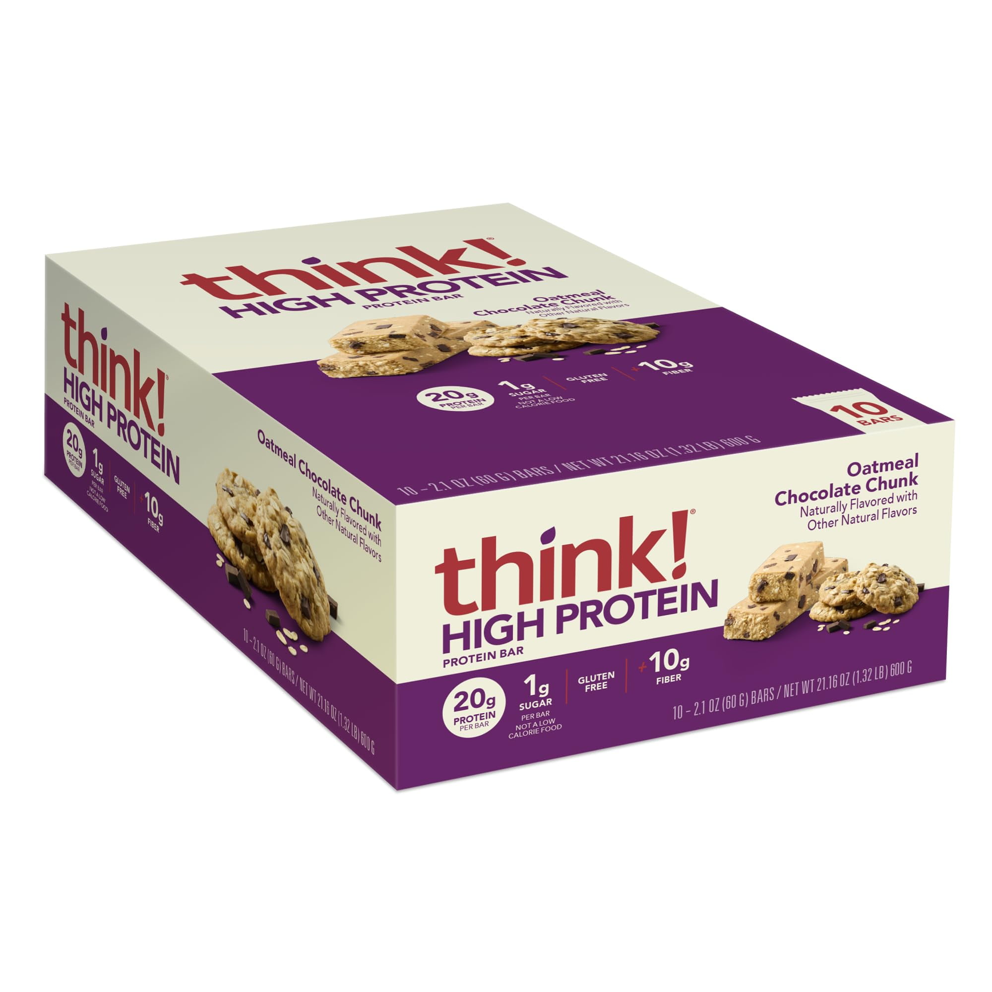 think! Protein Bars, High TGF4Protein Snacks, Gluten Free, High Fiber, Oatmeal Chocolate Chunk, 10 Count