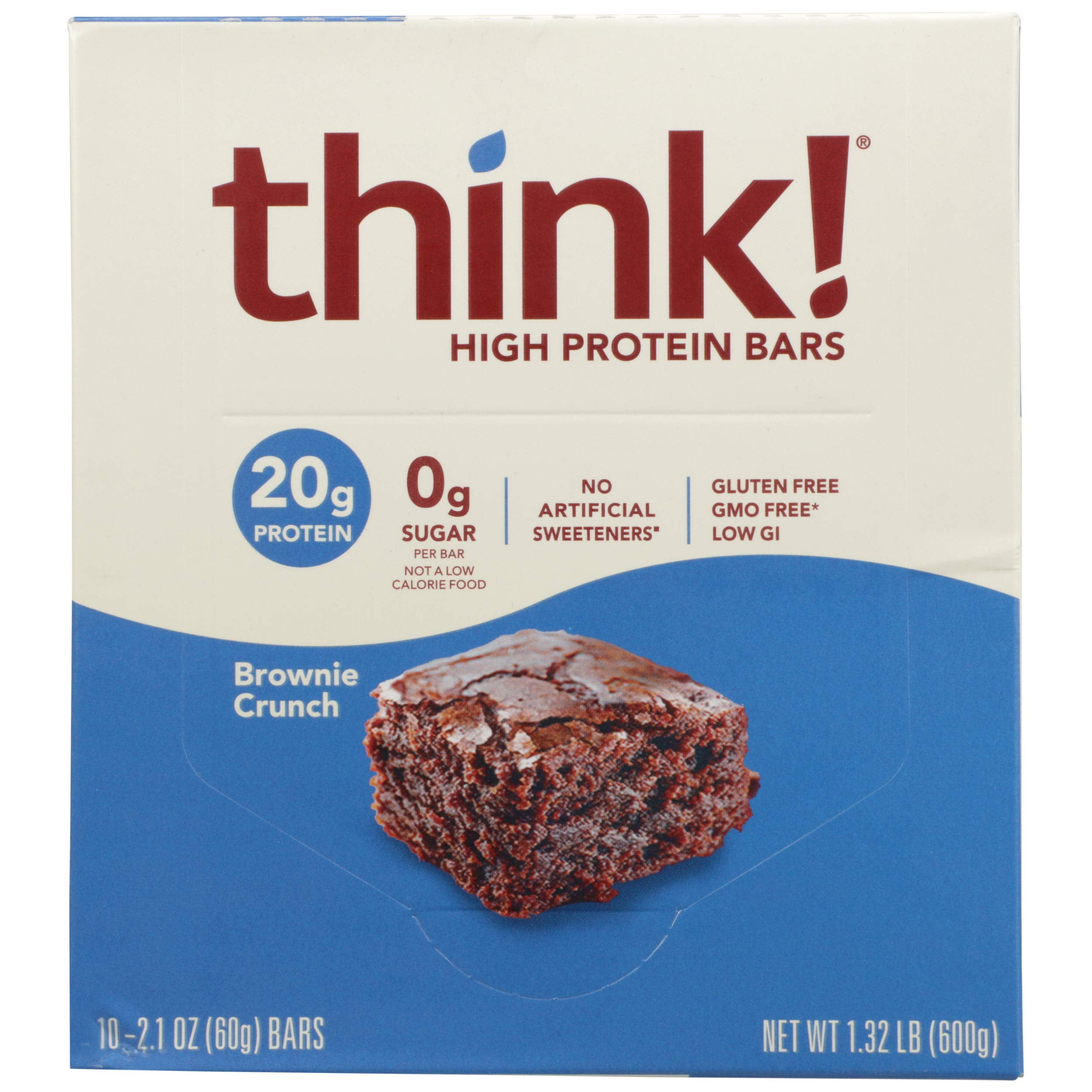 think! Protein Bars, High MZF22 Protein Snacks, Gluten Free, Sugar Free Energy Bar with Whey Protein Isolate, Brownie Crunch, Nutrition Bars Without Artificial Sweeteners, 2.1 Oz (10 Count)