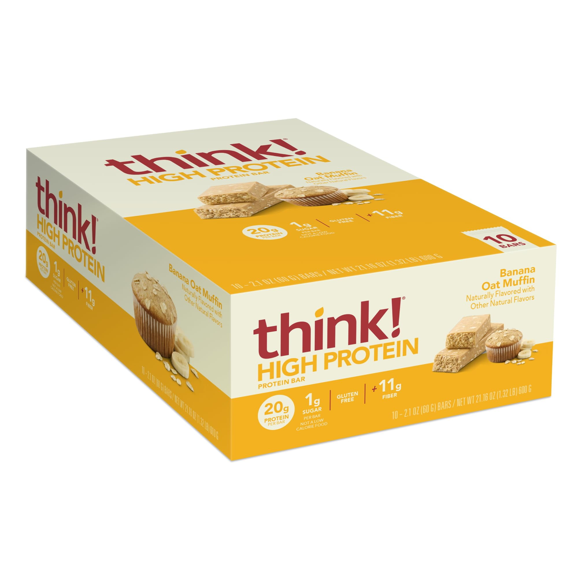 think! Protein Bars, High XEF1Protein Snacks, Gluten Free, High Fiber, Banana Oat Muffin, 10 Count