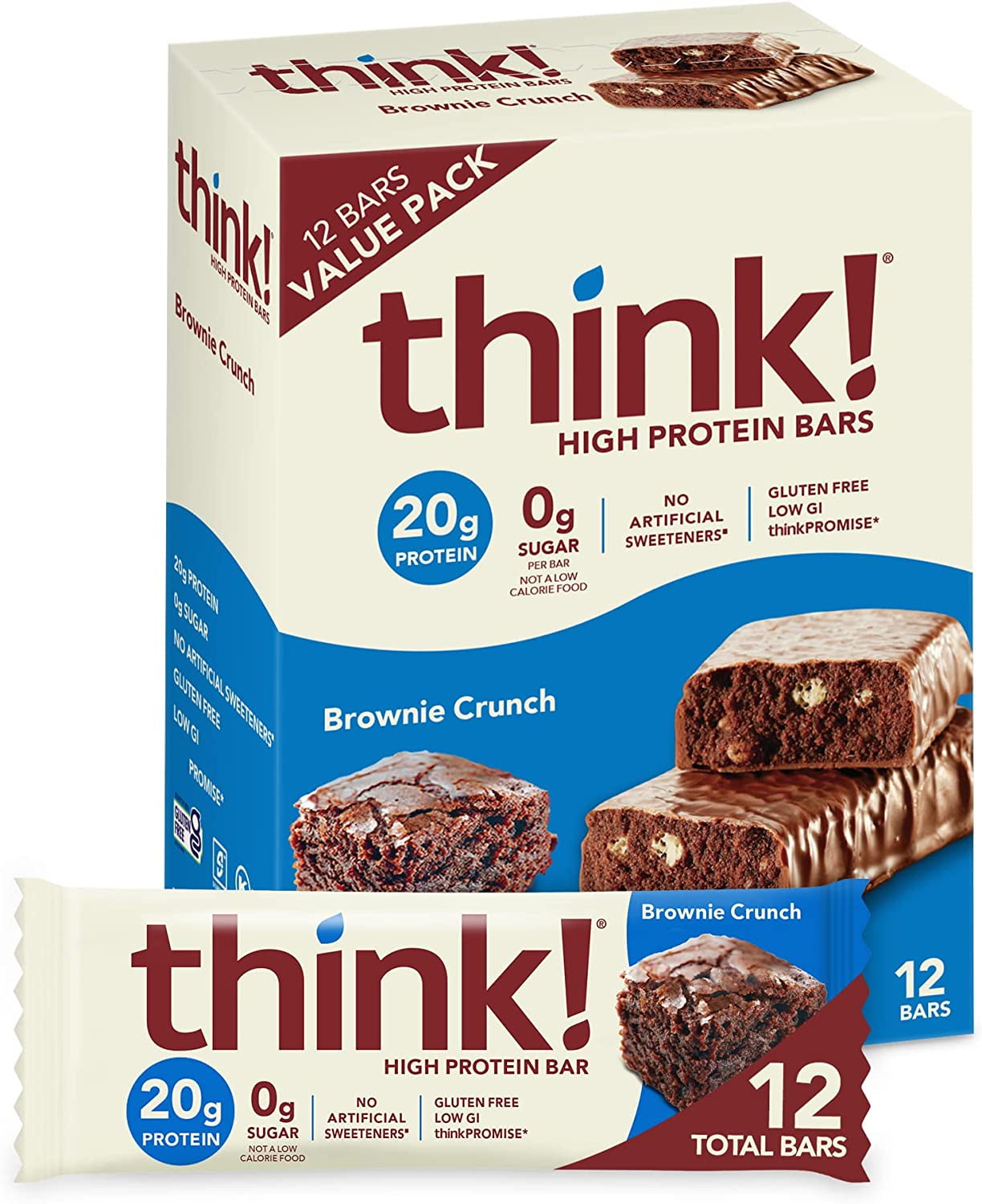 think! Protein Bars, High Protein Snacks, Gluten Free, Kosher Friendly, Brownie Crunch, Nutrition Bars, 2.1 Oz per Bar, 12 Count (Packaging May Vary)