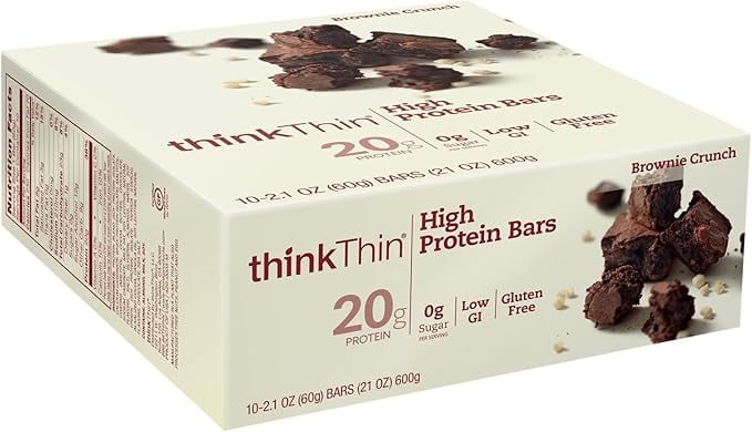 think! Protein Bars, High Protein Snacks, Gluten Free, Sugar Free Energy Bar with Whey Protein Isolate, Brownie Crunch, Nutrition Bars Without Artificial Sweeteners, 2.1 Oz (10 Count)