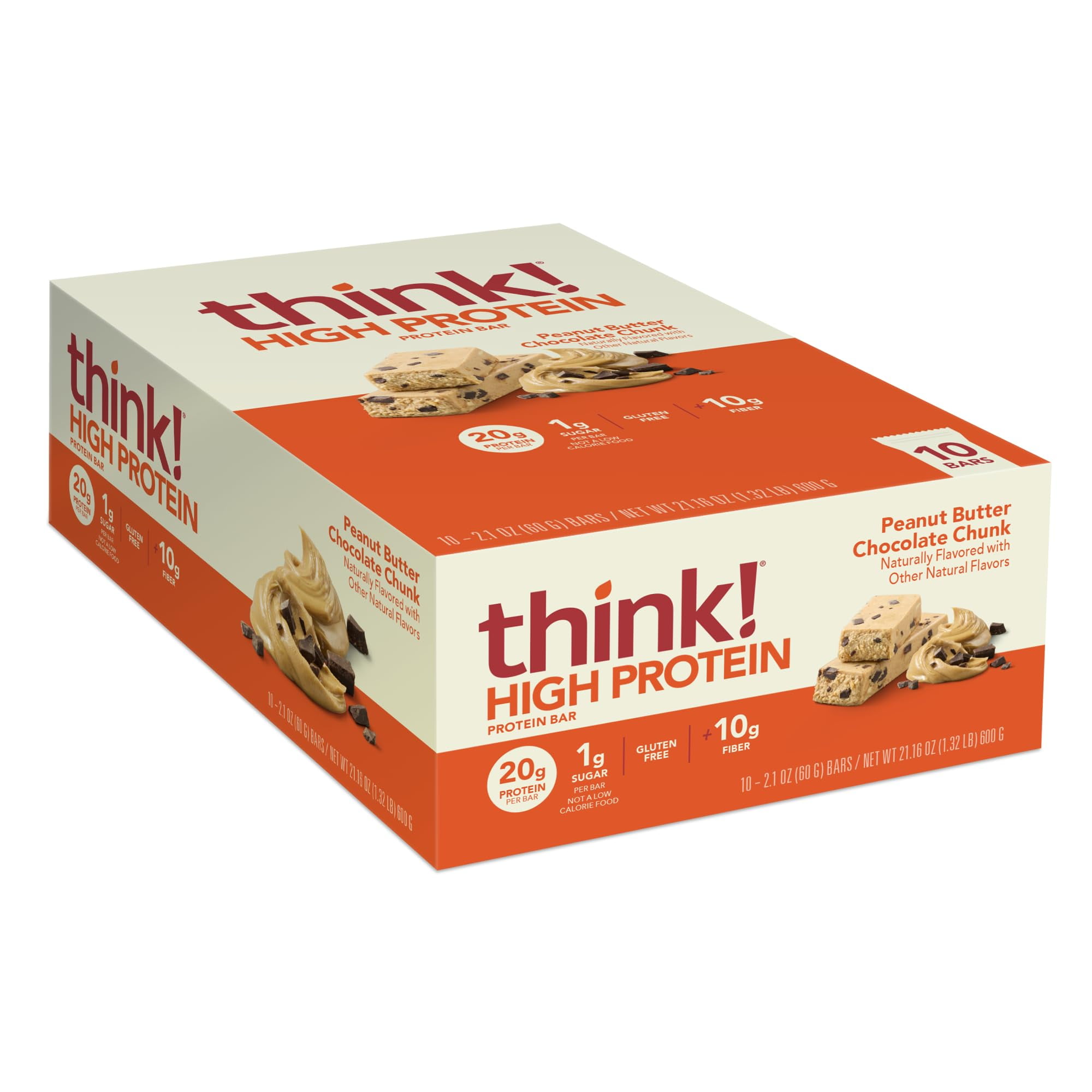 think! Protein Bars, High TGF4Protein Snacks, Gluten Free, High Fiber, Peanut Butter Chocolate Chunk, 10 Count