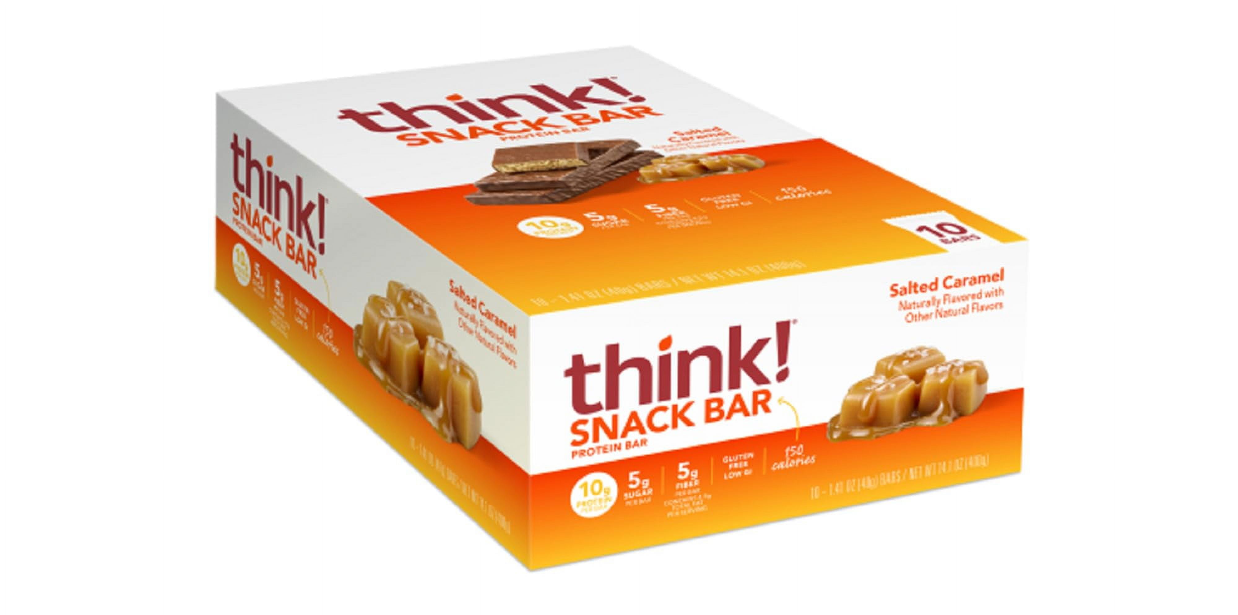 think! Protein Bars with TMA3Chicory Root for Fiber, Digestive Support, Gluten Free with Whey Protein Isolate, Salted Caramel, Snack Bars Without Artificial Sweeteners, 1.4 Oz (10 Count)