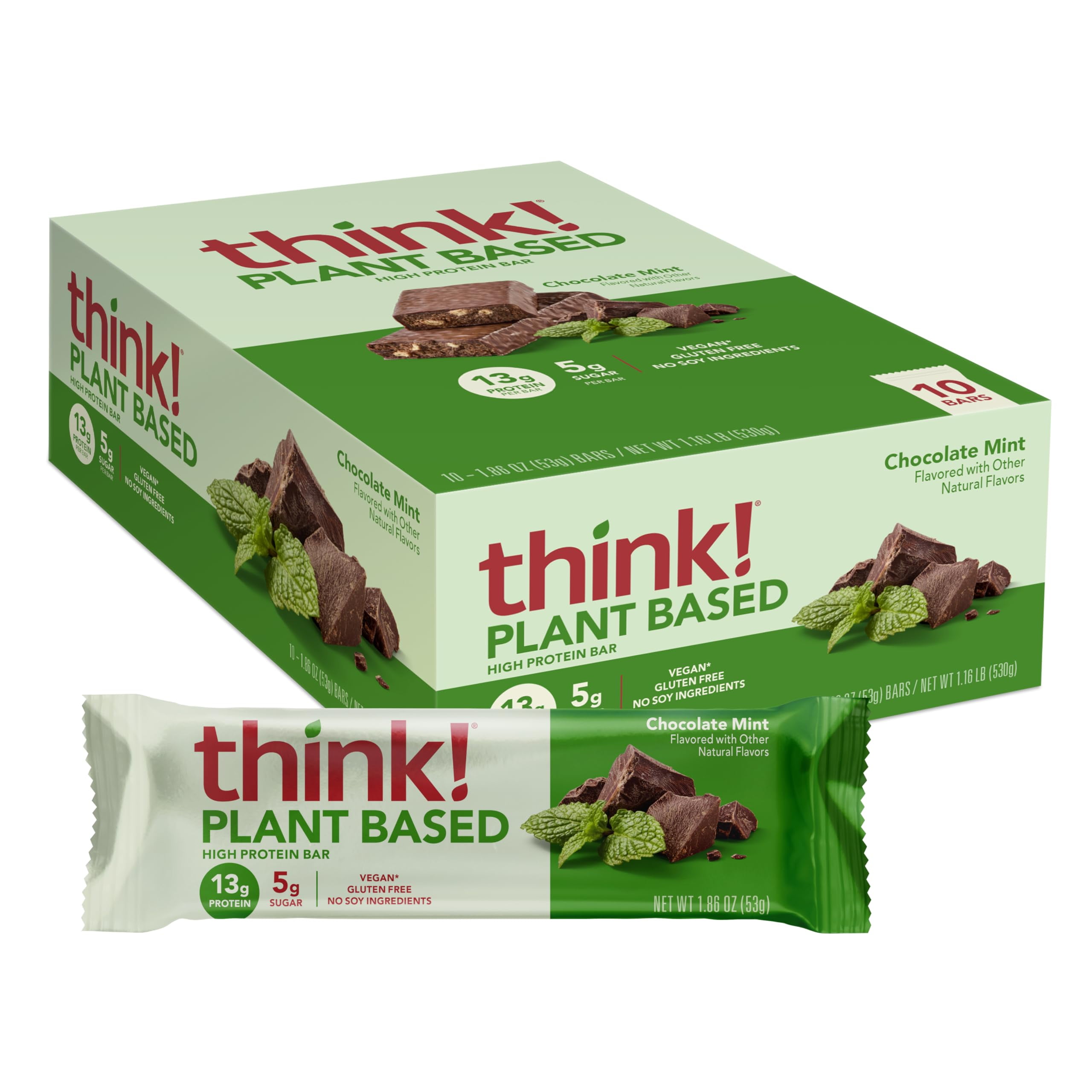 Mints Without Sugar Or Artificial Sweeteners think! Vegan/Plant Based High STF9 Protein Bars - Chocolate Mint, 13g