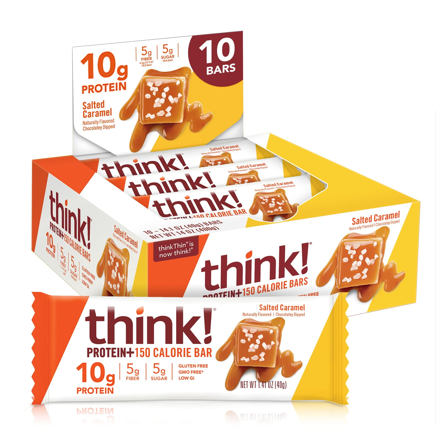 think! Protein Bars with Chicory Root SMRfor Fiber, Salted Caramel, Snack Bars without Artificial Sweeteners, 1.4 Oz, 10 Ct