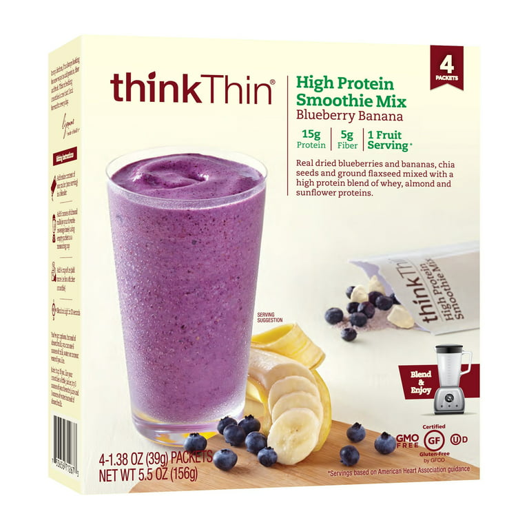 thinkThin High Protein Smoothie Mix, Blueberry Banana, 1.38 Oz, 4 Ct