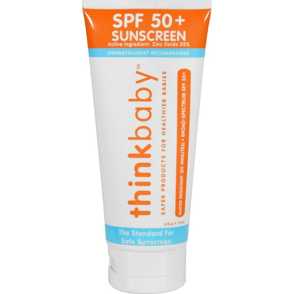 Thinkbaby Safe Sunscreen SPF 50+ Mineral, Non-Nano Zinc, Broad Spectrum UVA/UVB, Water-Resistant 80 Min, 6 oz Tube