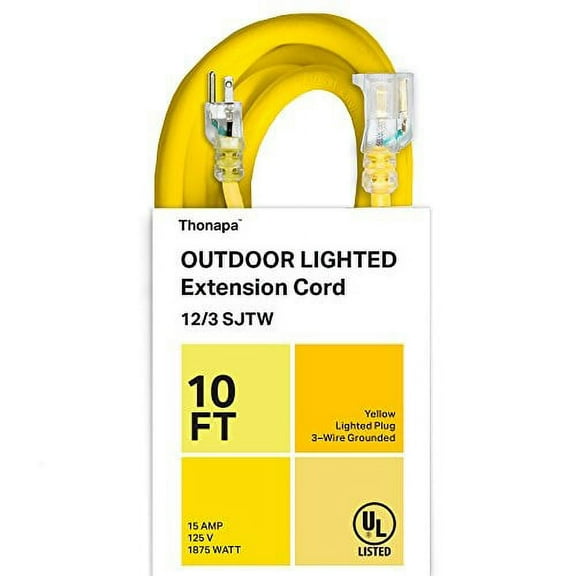 thonapa 10 foot outdoor extension cord - 12/3 heavy duty yellow extension cable with 3 prong grounded plug for safety - great for garden and major appliances
