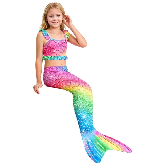 thosestan Little Girls Swimsuit 3pcs Bathing Suits Princess Bikini Set with Tail Skirt for Kids Toddler Swimwear for 2-8 Years