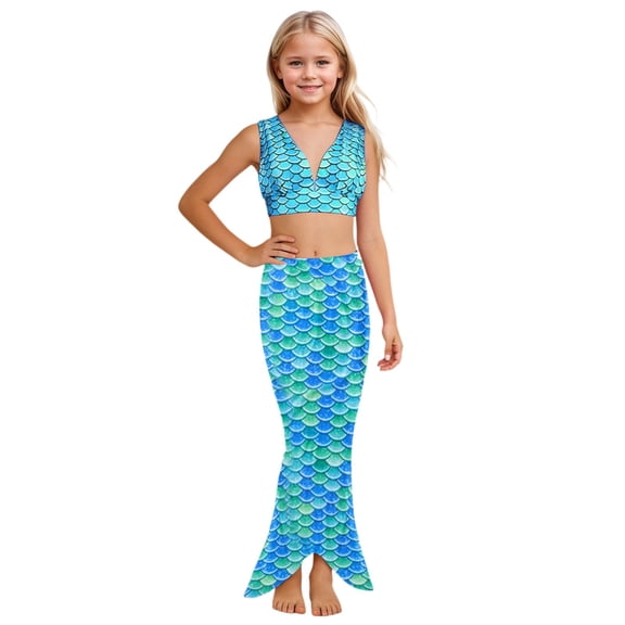 thosestan Mermaid Girls Bathing Suit 3Pcs Ruffle Top Bikini Bottoms Swimsuit Kids Beach Pool Swimwear 3-11 Years