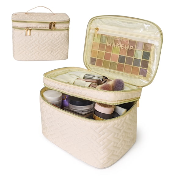thovorrnl Beige Makeup Bag, Quilted Toiletry Bag for Women Travel Essentials, Waterproof Cosmetic Bag with Removable Divider, 10.5x7.5x7 inches