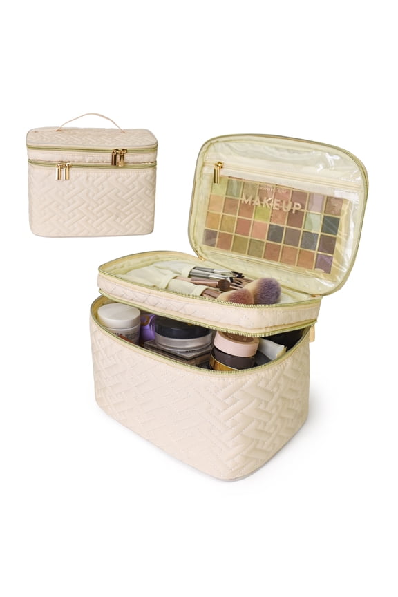 Beige Makeup Bag, Quilted Toiletry Bag for Women Travel Essentials, Waterproof Cosmetic Bag with Removable Divider, 10.5x7.5x7 inches