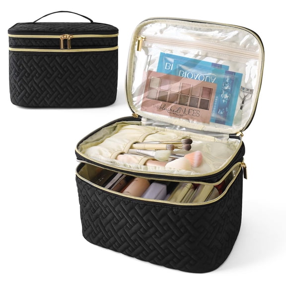 thovorrnl Makeup Bag, Quilted Toiletry Bag for Women Travel Essentials, Waterproof Cosmetic Bag with Removable Divider, 10.5x7.5x7 inches, Black