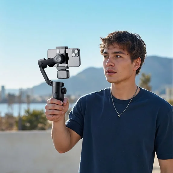 A three-axis mobile phone gimbal stabilizer suitable for smartphones, a mobile phone stand, with a spotlight, foldable, convenient to carry, and gesture control without contact.