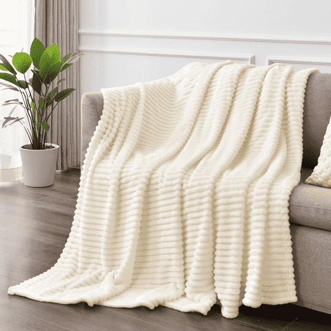 Throw Size Blanket, 230GSM Extra Soft Lightweight Bed Blanket with Strip , Plush Fuzzy Cozy Throws for Couch, Bed, Sofa Cozy, Warm and Breathable, 50x60" Beige