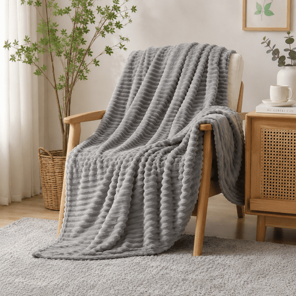 Throw Blanket for Couch,Sofa,Bed, 230GSM Super Soft Striped Gray Bed Blanket for Office Picnic Travel Bedroom, Warm Cozy Lightweight Home Decor Blanket for All-Season, 50x60in