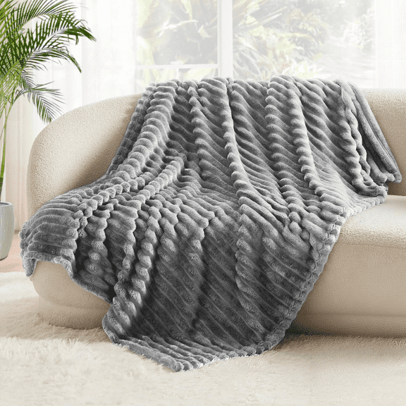 Throw Size Blanket, 230GSM Extra Soft Lightweight Bed Blanket with Strip , Plush Fuzzy Cozy Throws for Couch, Bed, Sofa Cozy, Warm and Breathable, 50x60" Gray