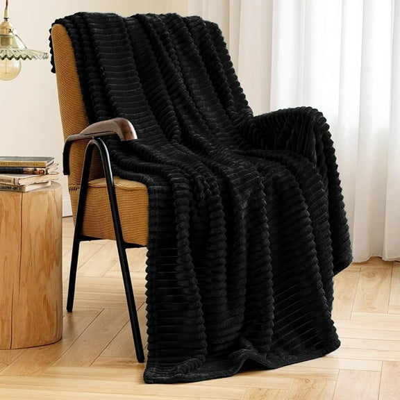 Throw Blanket, Extra Soft Blanket with Strip, Plush Fuzzy Cozy Bed Blankets and Throws for Couch,Bed,Sofa,Lightweight and Versatile Throws for Office Bedroom Picnic Home Decor,50x60" Black