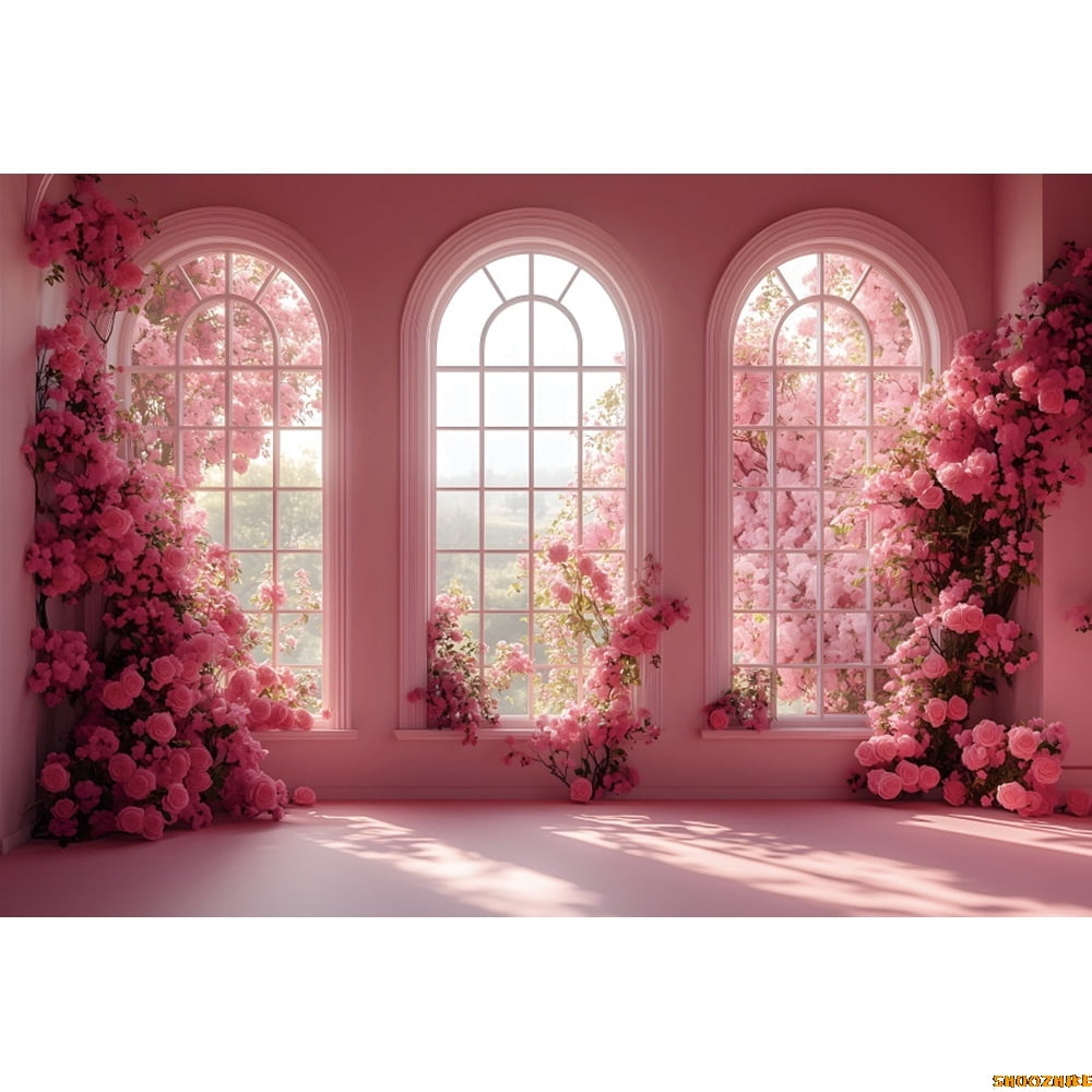 tic Pink European Style Photography Backdrop Arched Windows Flowers ...