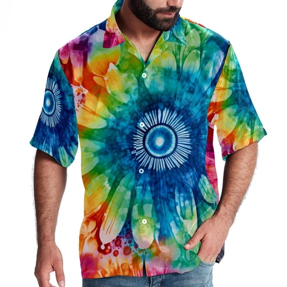 tie dye101 Men's Casual Printed Button Down Short Sleeve Poplin Hawaiian Beach Shirt with Spread Collar Tops
