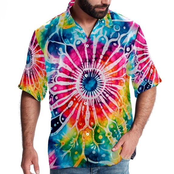 tie dye2 Men's Short Sleeve Button Down Poplin Hawaiian Shirt for Summer Beach, Casual Printed Unisex Style
