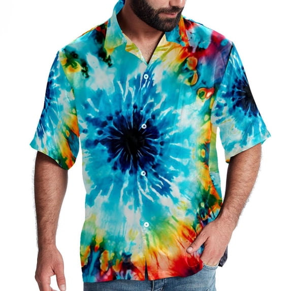 tie dye26 Men's Casual Spread Collar Hawaiian Short Sleeve Button Down Summer Beach Tops