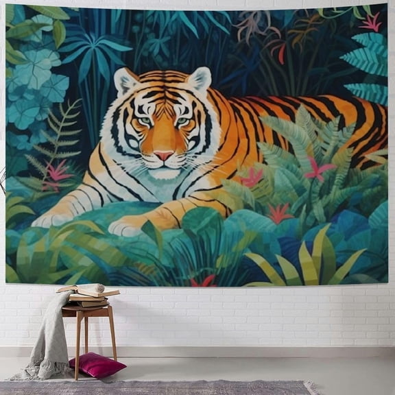 tiger tapestry jungle woodland tropical animal leaf plants rainforest cartoon green Room Decor Wall Art For guys boy College Bedroom Living Room Horizontal Decorations Tapestry 40x30inch