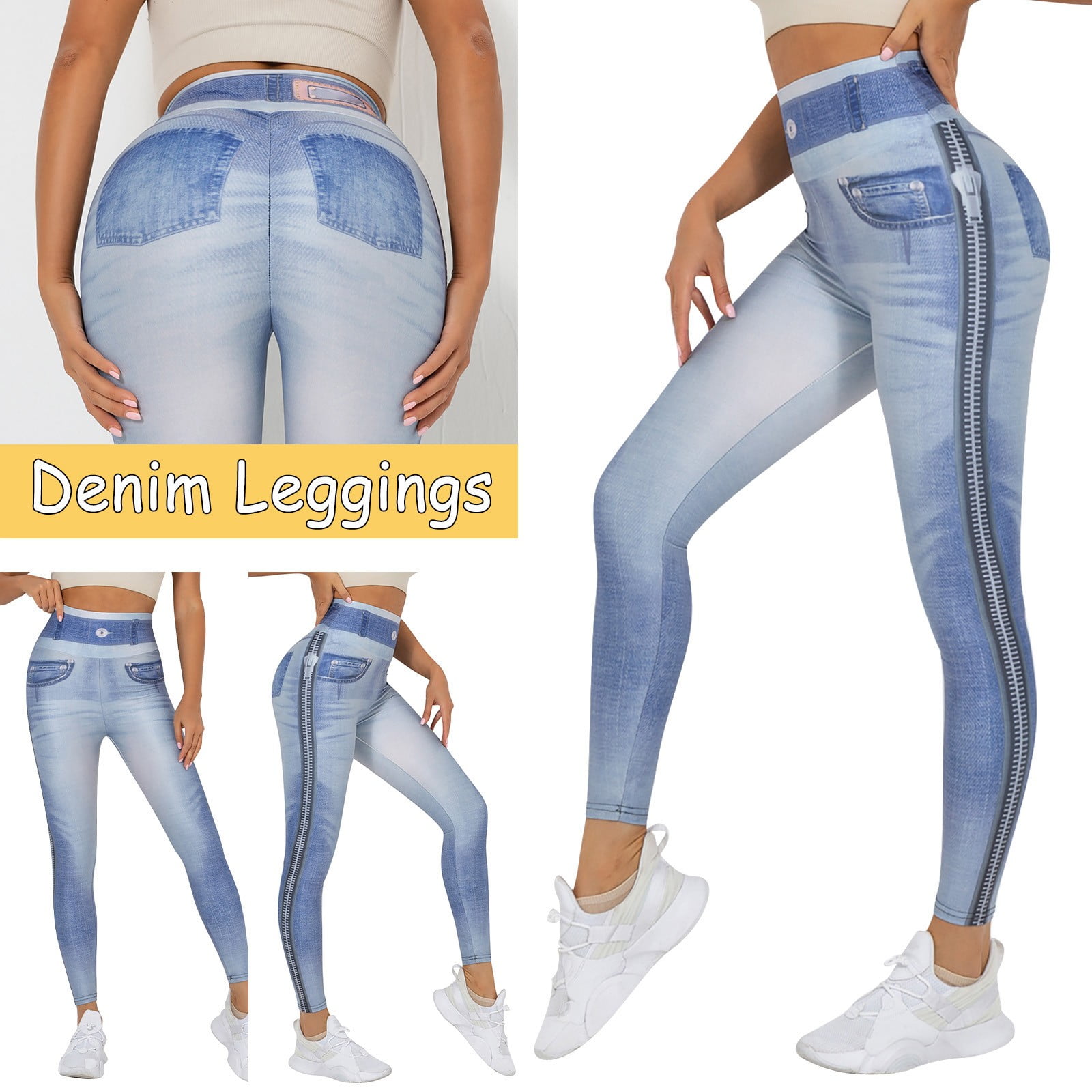 Women Elastic Waist Skinny Jean Jeggings Denim Look Leggings