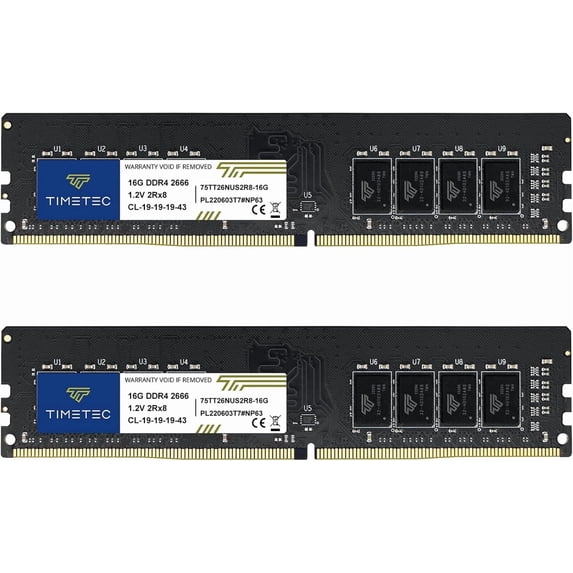 Timetec 32GB KIT (2x16GB) DDR4 2666MHz (PC4-2666V) PC4-21300 UDIMM Desktop RAM – 288-Pin 1.2V CL19 Non-ECC Unbuffered DIMM Memory Module Upgrade
