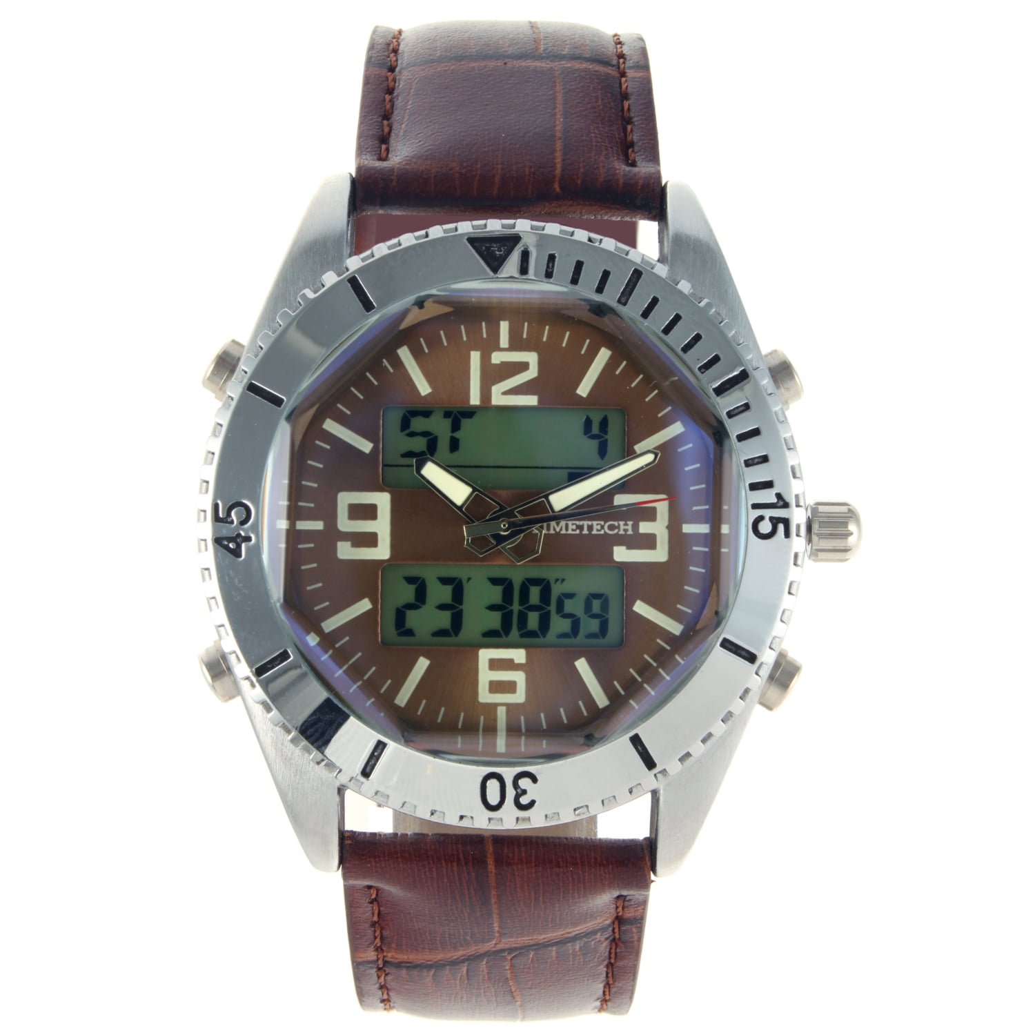 timetech men's 2813br analog digital brown leather sport watch ...