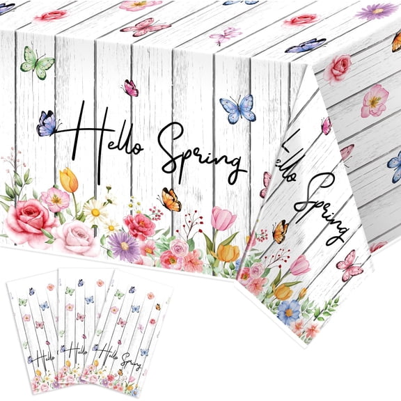 tineit 3Pieces Spring Tablecloth, 108 * 54 Inch Hello Spring Decorations Tablecover, Butterfly Floral Plastic Disposable Rectangle Spring Table Cloth for Spring Party Decorations Spring Picnic