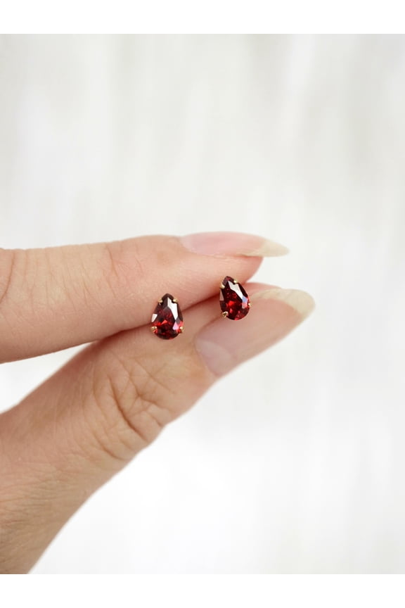 tiny ruby teardrop studs // sterling silver or gold filled . minimal drop earring . micro faceted cubic zirconia . crimson July birthstone