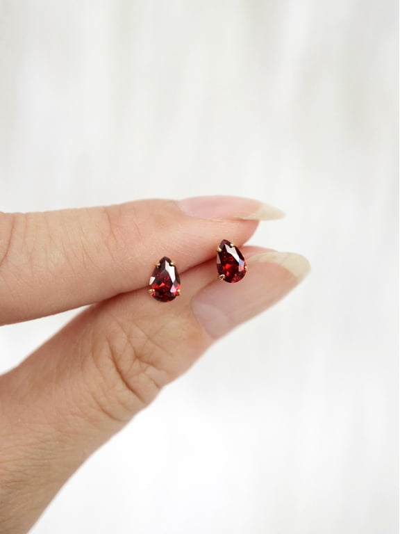 tiny ruby teardrop studs // sterling silver or gold filled . minimal drop earring . micro faceted cubic zirconia . crimson July birthstone