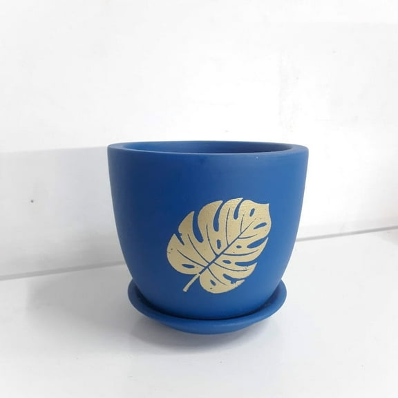 tinyshrub 3 Inch Leafy Print Blue Cup Shape Pot for Plants, Indoor Plant Pots with Drainage Holes Terra Cotta Flower Pot Sturdy, Lightweight & Durable for Home, Kitchen, Balcony & Office