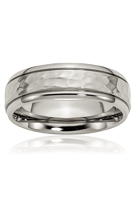 Titanium 7mm Wide Hammered Edge Wedding Band Ring - Polished, Engravable - Matte Men's