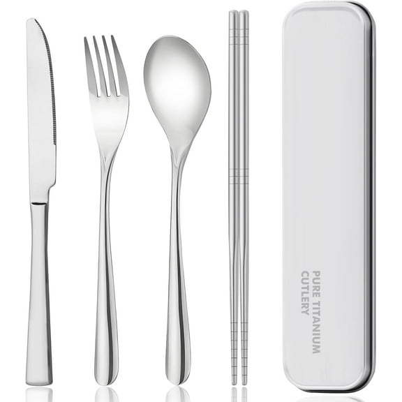 titanium tableware set, travel tableware with box, including titanium fork, knife, chopsticks and spoon, packed in a suitcase, portable design, suitable for school, work, picnic, camping use