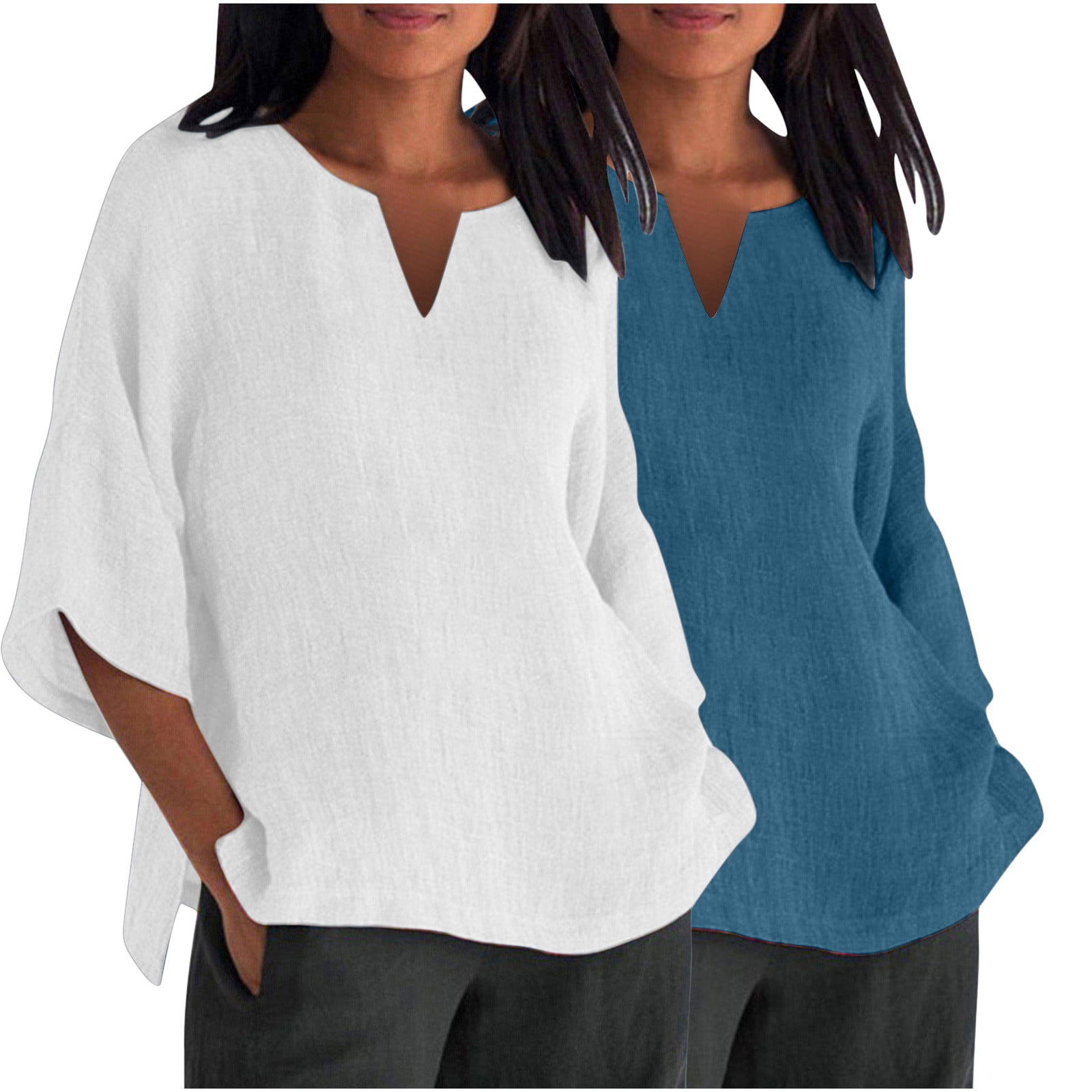 tklpehg 2PC Womens 3/4 Sleeve Tunic Plus Size V-Neck Going Out Tops Comfy Tunic Tops Lightweight Classic Solid Color Loose Casual Blouses (Blue,XXL)